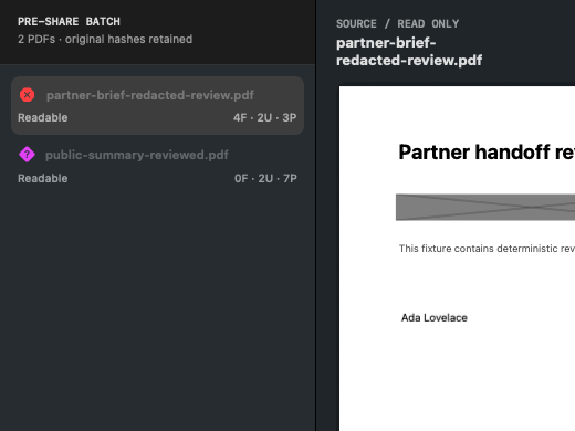 RedactReceipt source batch with hashes and document state
